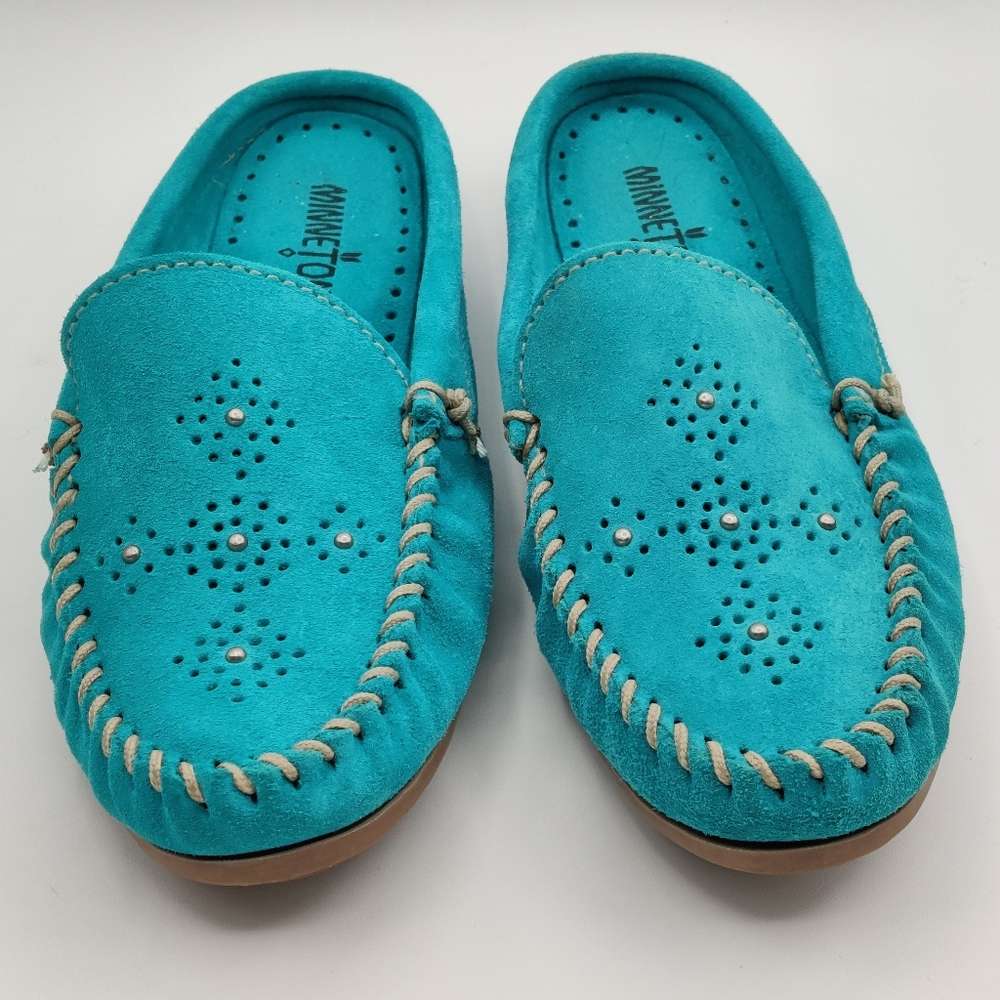 Blue Minnetonka Suede Moccasin Flats